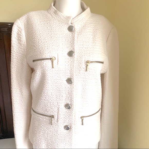 Zara Creamy Beige Cotton Tweed Blazer Metal Zippers Buttons Long Sleeve US M-L - Picture 1 of 13
